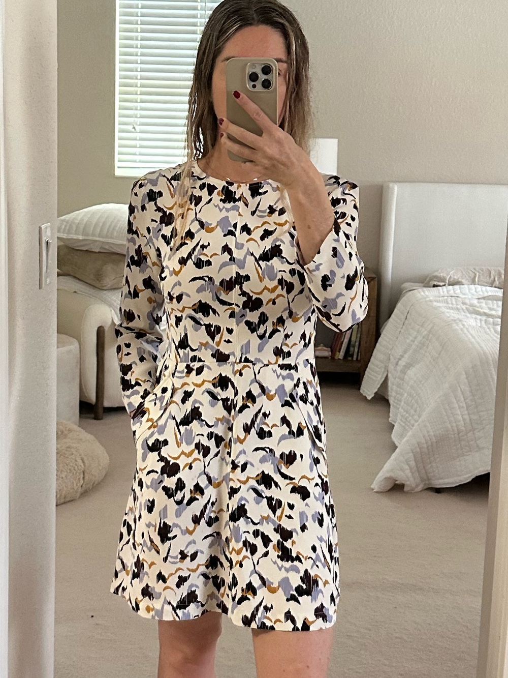 A.L.C. Cream Abstract Print Shift Dress with Black, Lavender & Mustard Accents